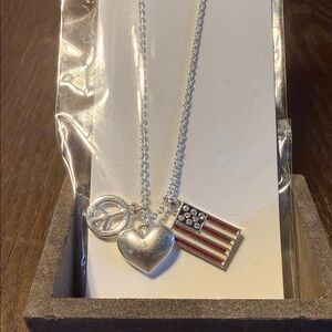 Silver Heart & American Flag Charm Necklace - Heart, Peace & Flag Pendant